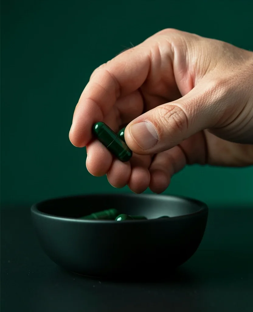 Hand holding natural supplement capsules