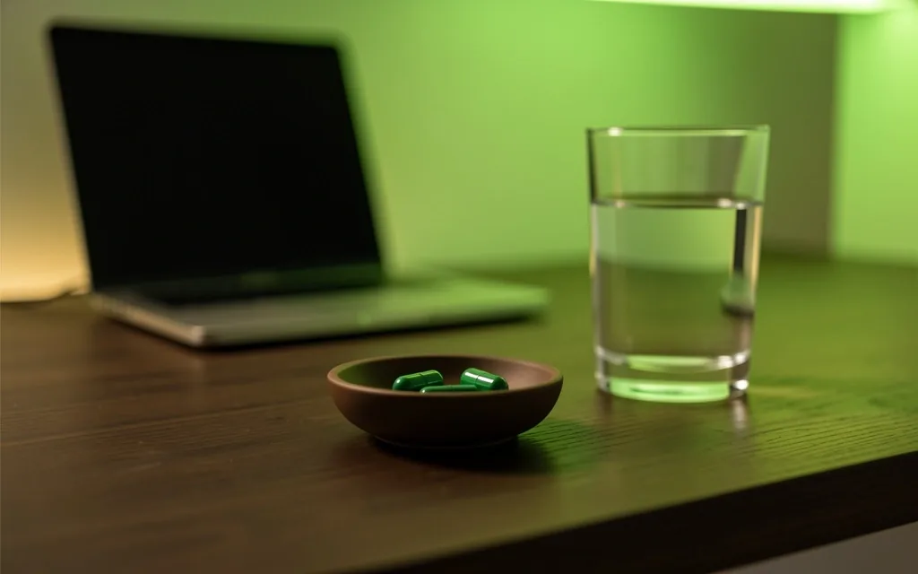 Minimalist workspace with supplement capsules