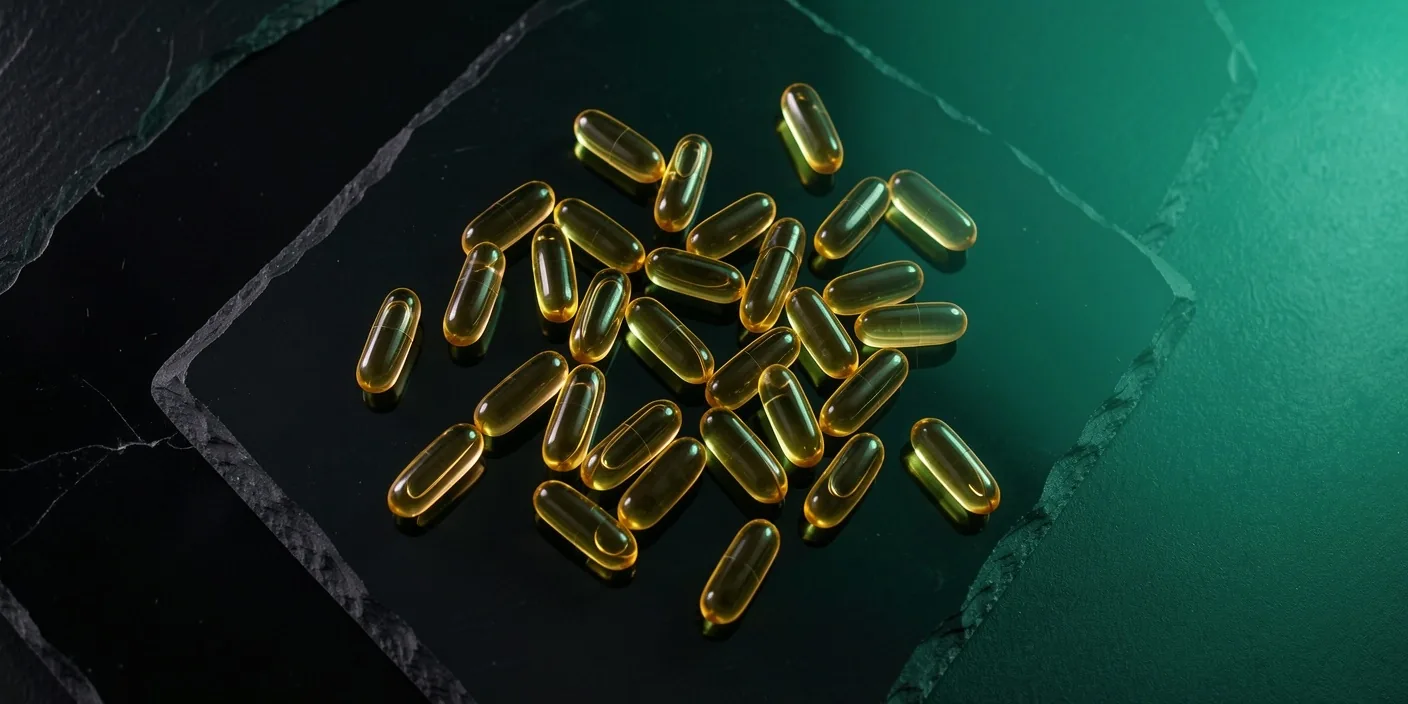 Omega-3 capsules on dark surface