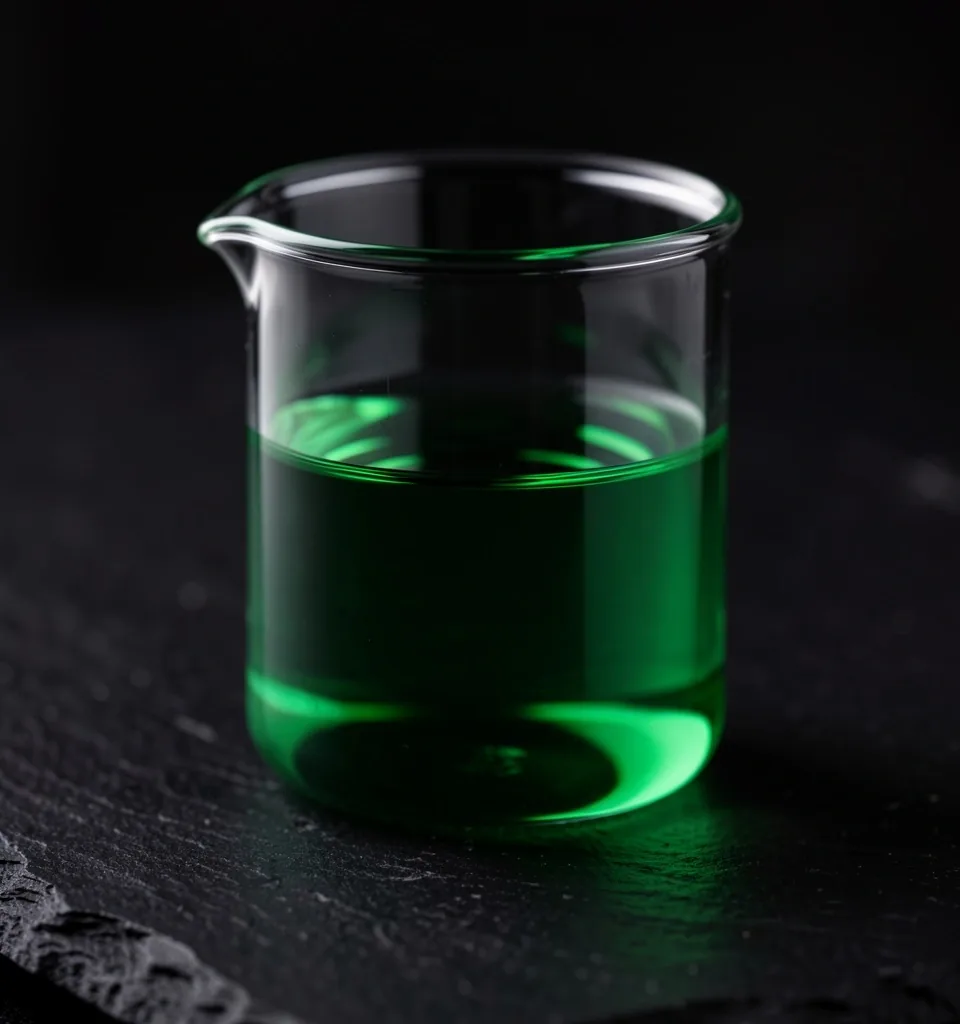 Laboratory glassware with green liquid on dark surface