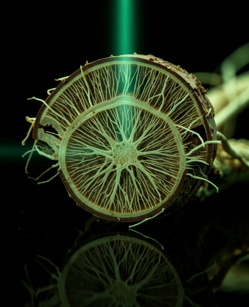 Botanical cross-section under scientific lighting
