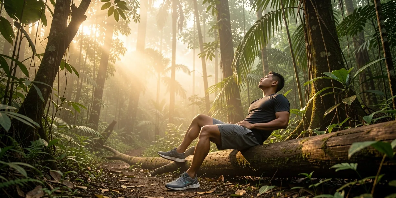 Runner recovering on a tropical forest trail at dawn